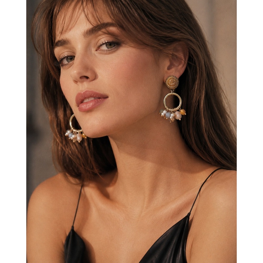 Anthropologie Beaded Hoop Drop Earrings Gold Tone Semi-Precious Stone‎ Cluster